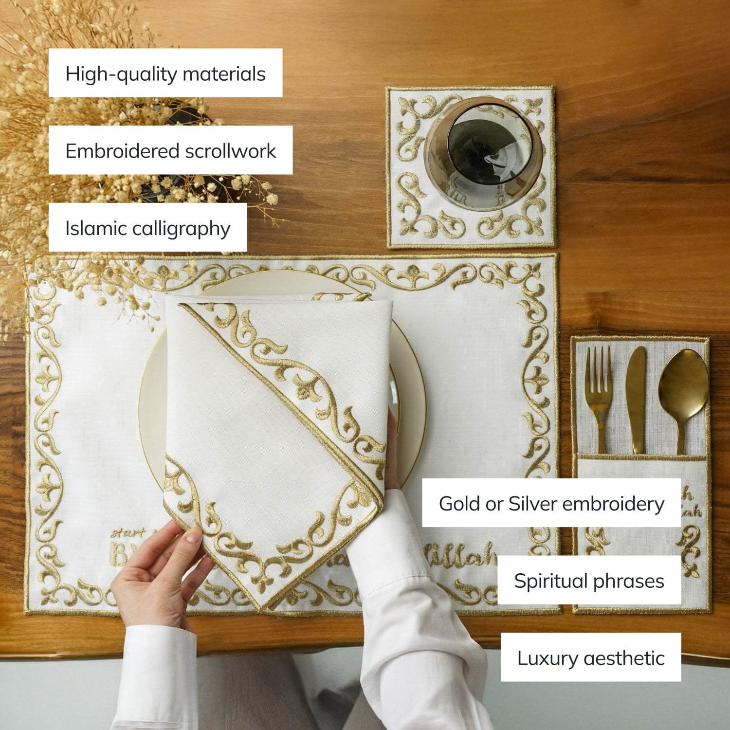 Ramadan Dining Set with Bismillah & Alhamdulillah Placemat Set for 6 Persons 24 Piece Set - Image 4
