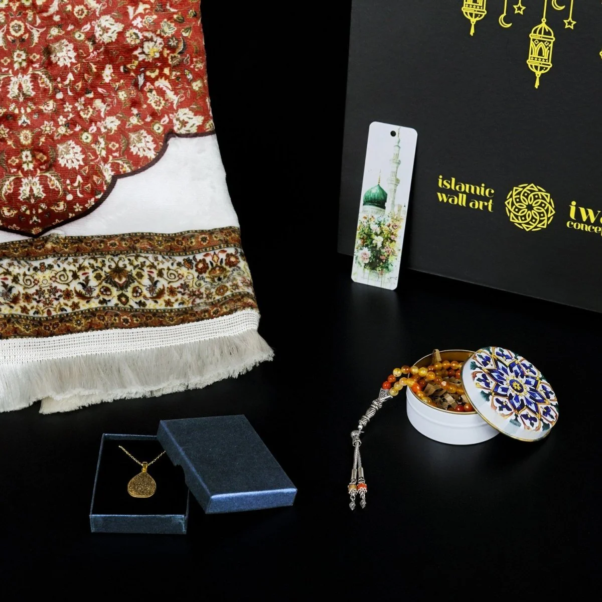 Ramadan Gift Set-Muslim Prayer Rug, Islamic Prayer Beads, Islamic Pendant