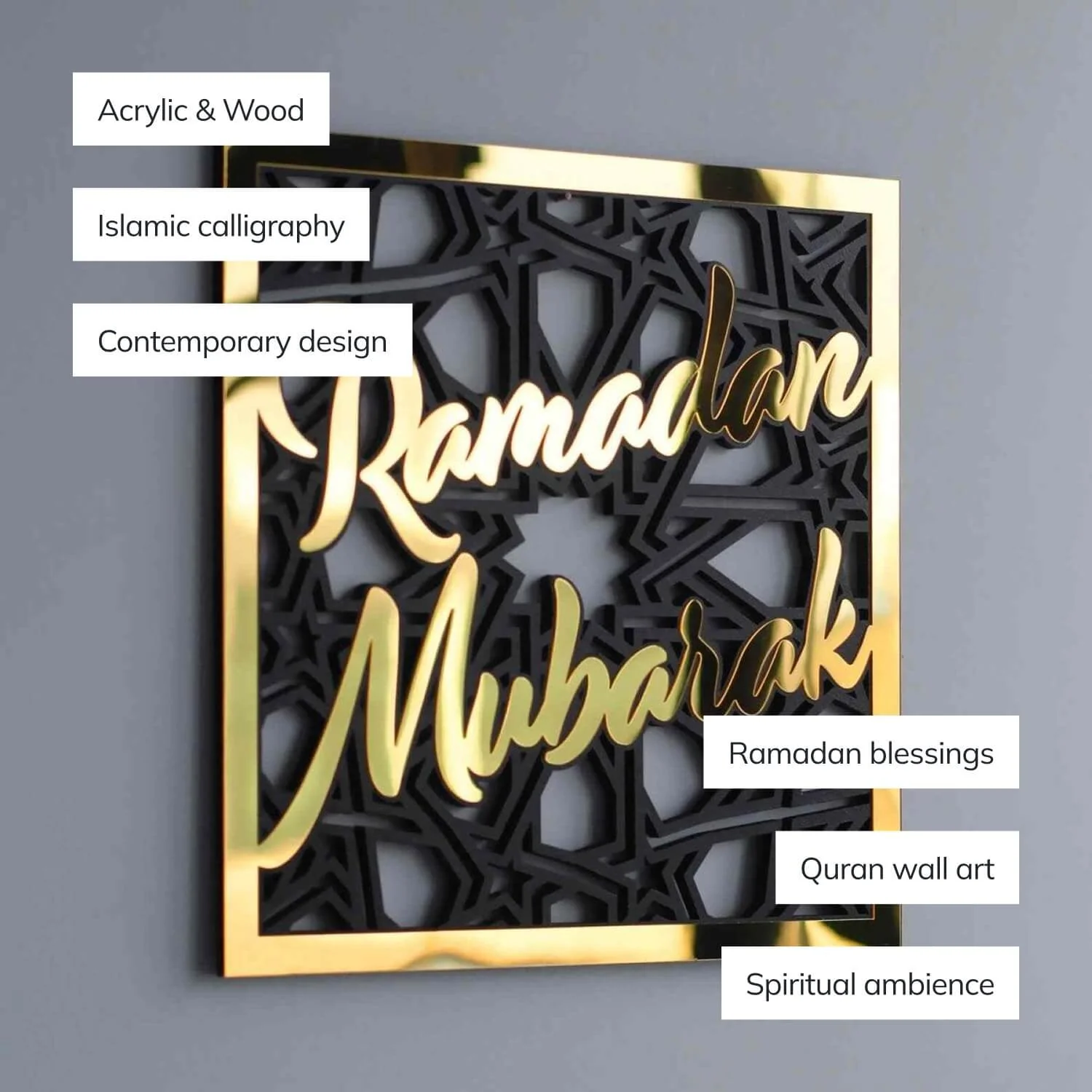 Ramadan Mubarak - Muslim Gift | Wooden Islamic Wall Art - Square Design - Image 3