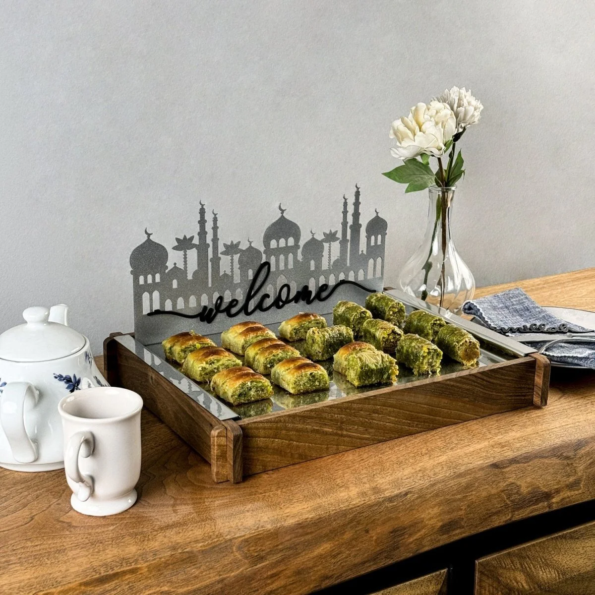 Ramadan Serving Tray - Solid Walnut Wood & Metal Islamic Tray - Image 10
