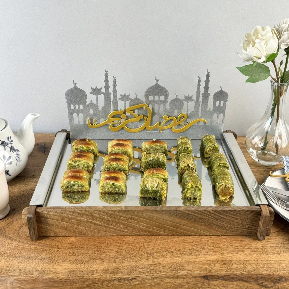 Ramadan Serving Tray - Solid Walnut Wood & Metal Islamic Tray - Image 6