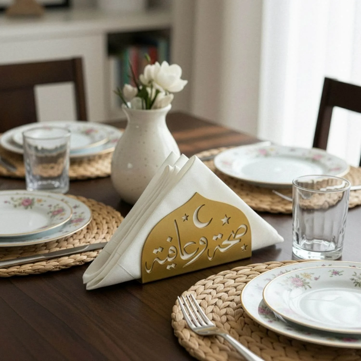 Saha w Afia Metal Napkin Holder – Arabic Calligraphy Table Decor - Image 11
