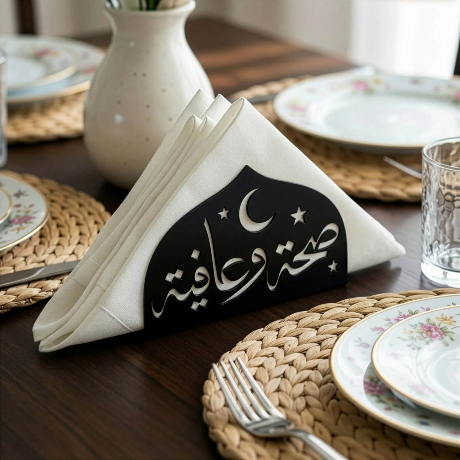 Saha w Afia Metal Napkin Holder – Arabic Calligraphy Table Decor - Image 2
