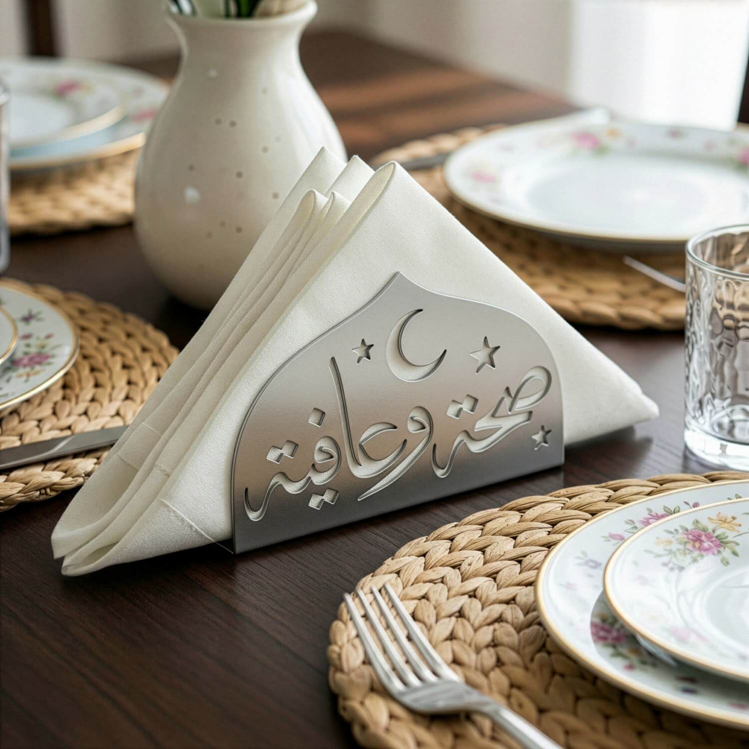Saha w Afia Metal Napkin Holder – Arabic Calligraphy Table Decor - Image 4