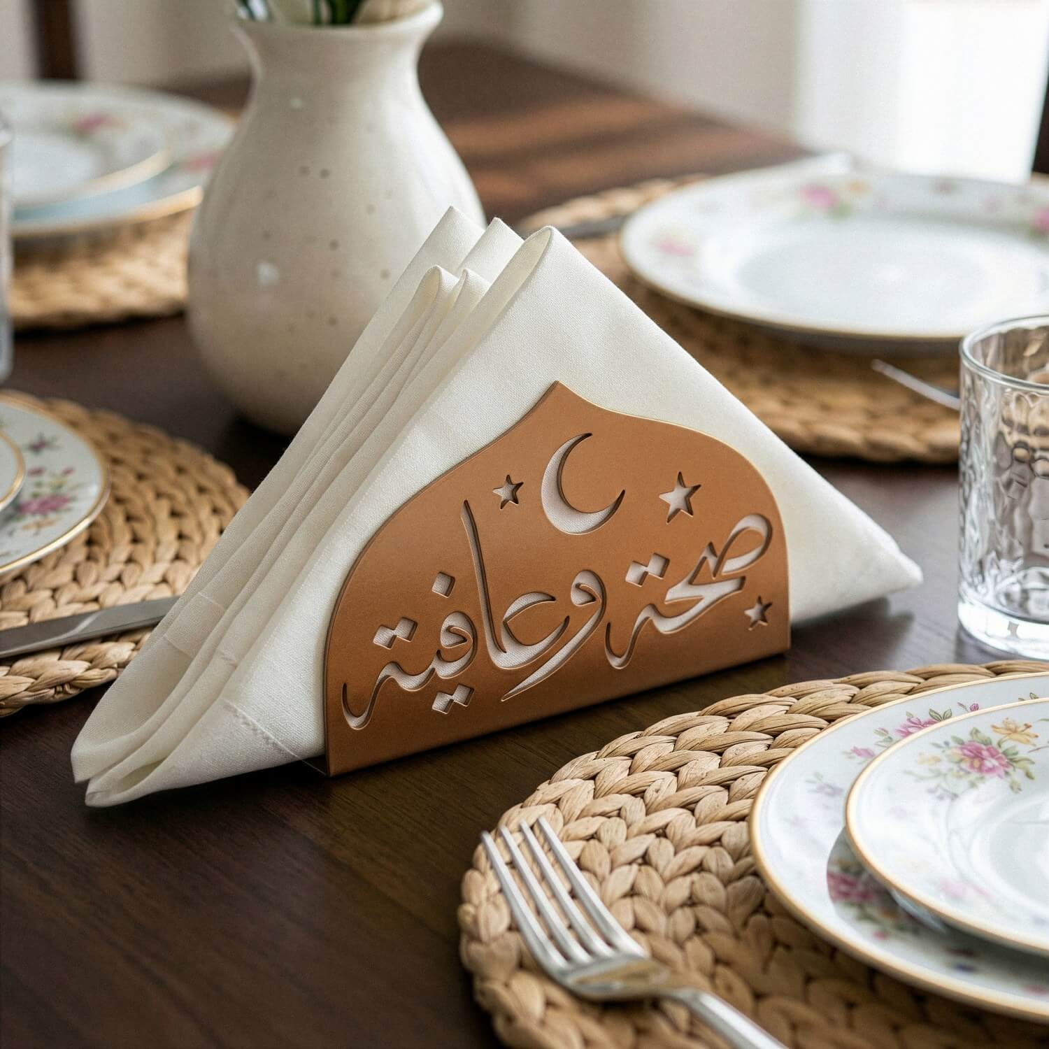 Saha w Afia Metal Napkin Holder – Arabic Calligraphy Table Decor - Image 5