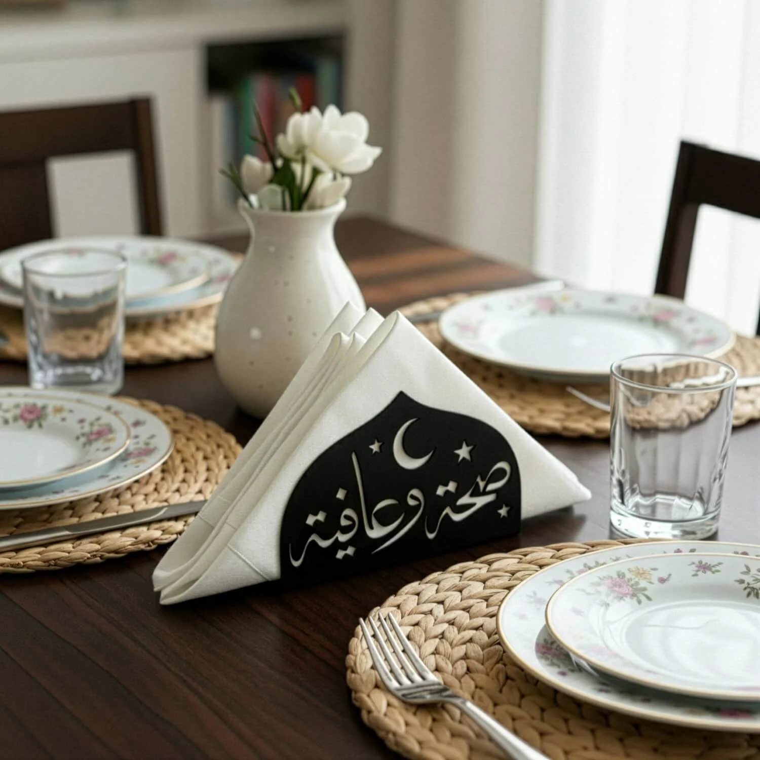 Saha w Afia Metal Napkin Holder – Arabic Calligraphy Table Decor - Image 8