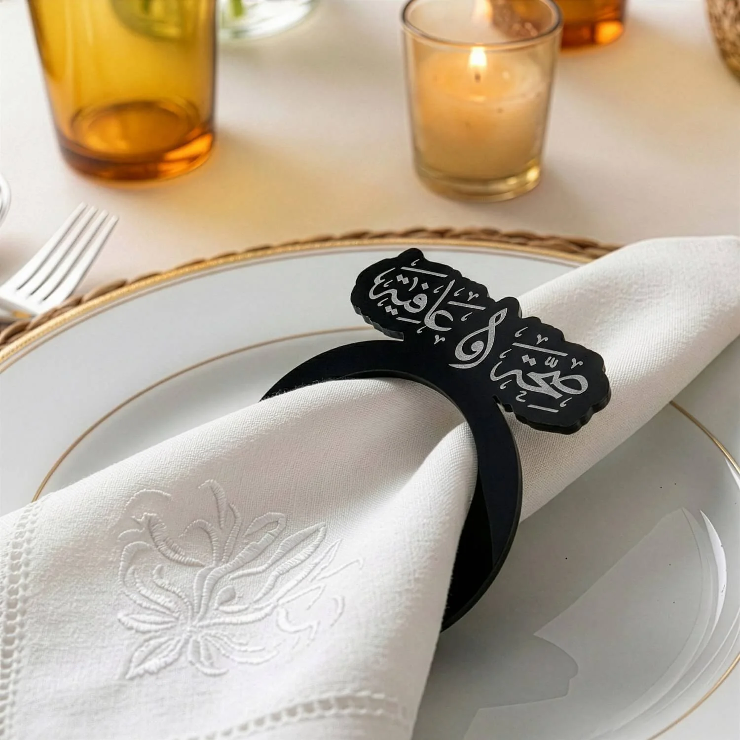 Saha w Afia Thuluth Script Acrylic Napkin Rings – Islamic Table Decor - Image 2