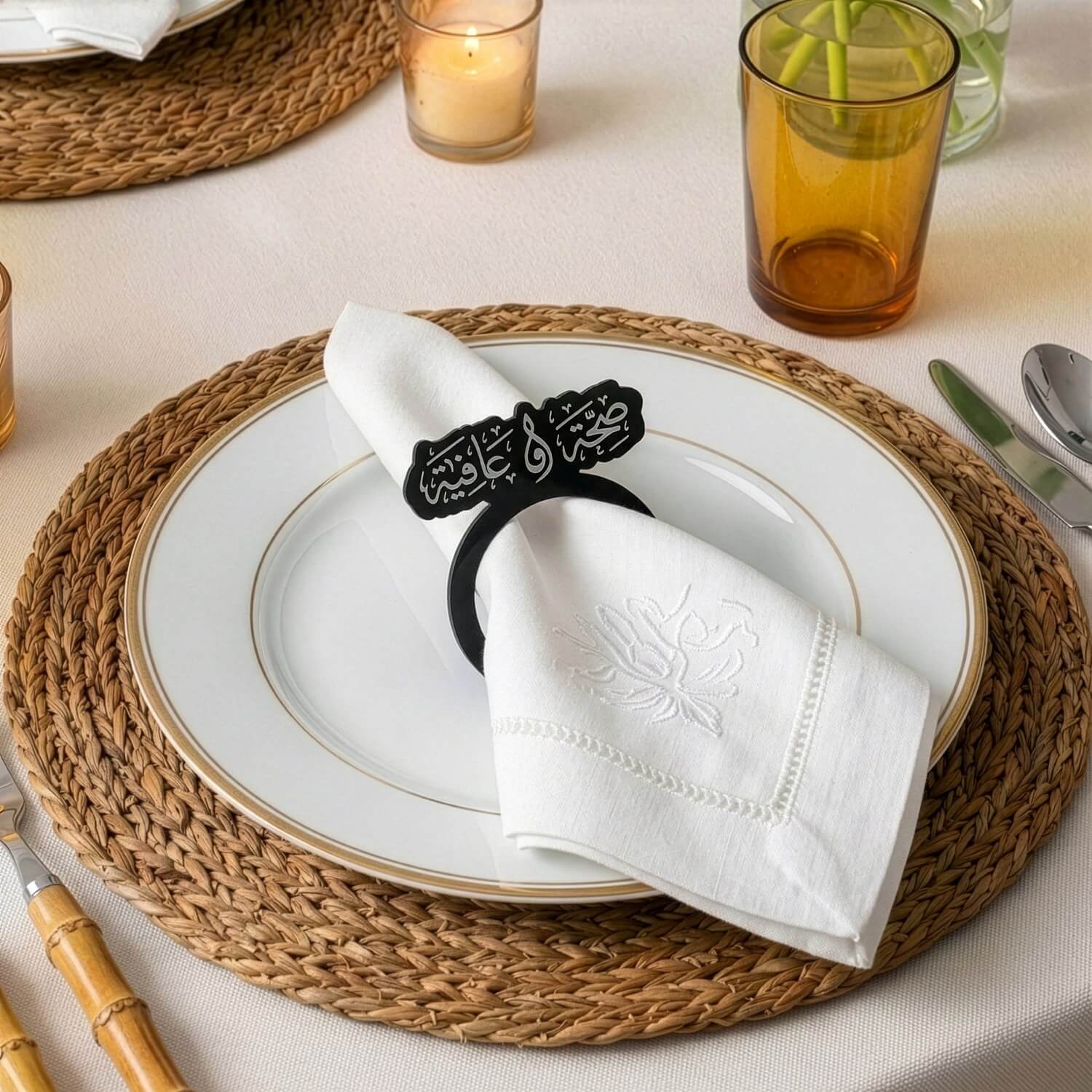 Saha w Afia Thuluth Script Acrylic Napkin Rings – Islamic Table Decor - Image 8
