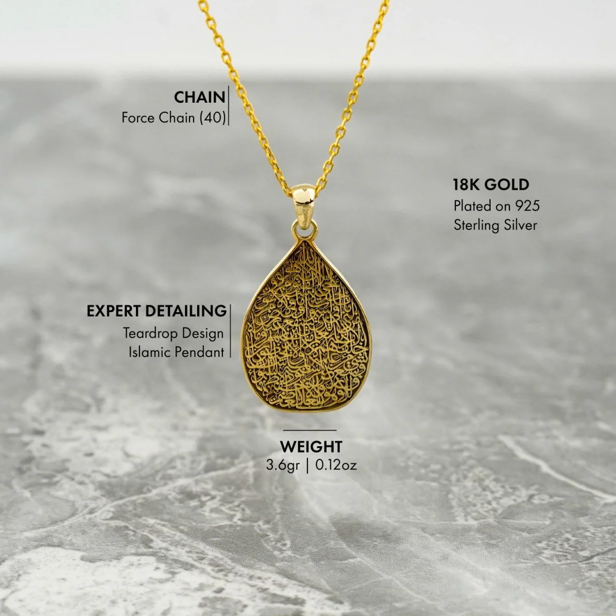Teardrop Ayatul Kursi Muslim Jewelry - 18K Gold Plated Silver Pendant - Image 6