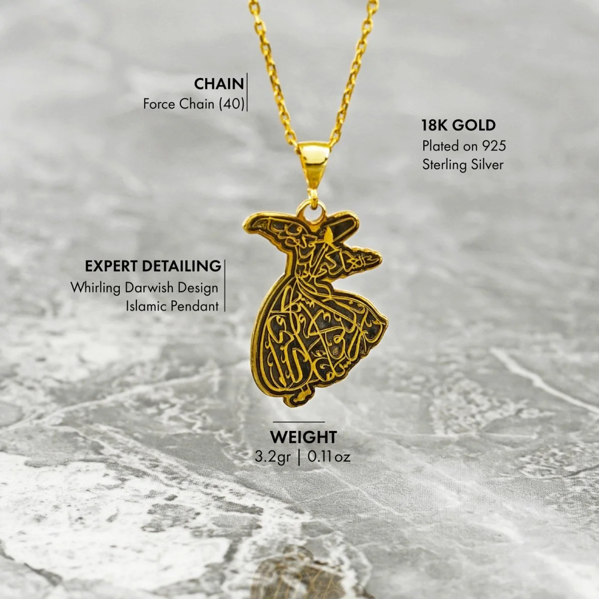 Whirling Darwish Muslim Jewelry - Islamic Pendant, 18K Gold Plated Silver - Image 4