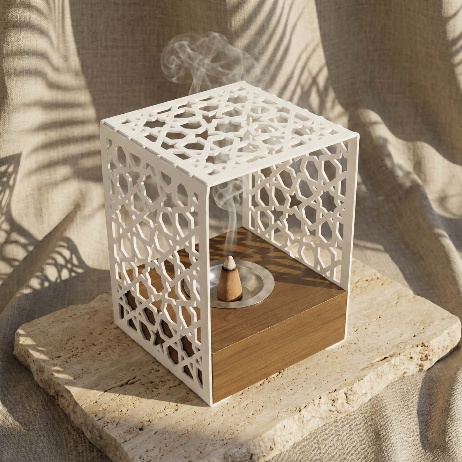 Minimalist Wooden Base Metal Mabkhara – Modern Bakhoor Burner - Image 3