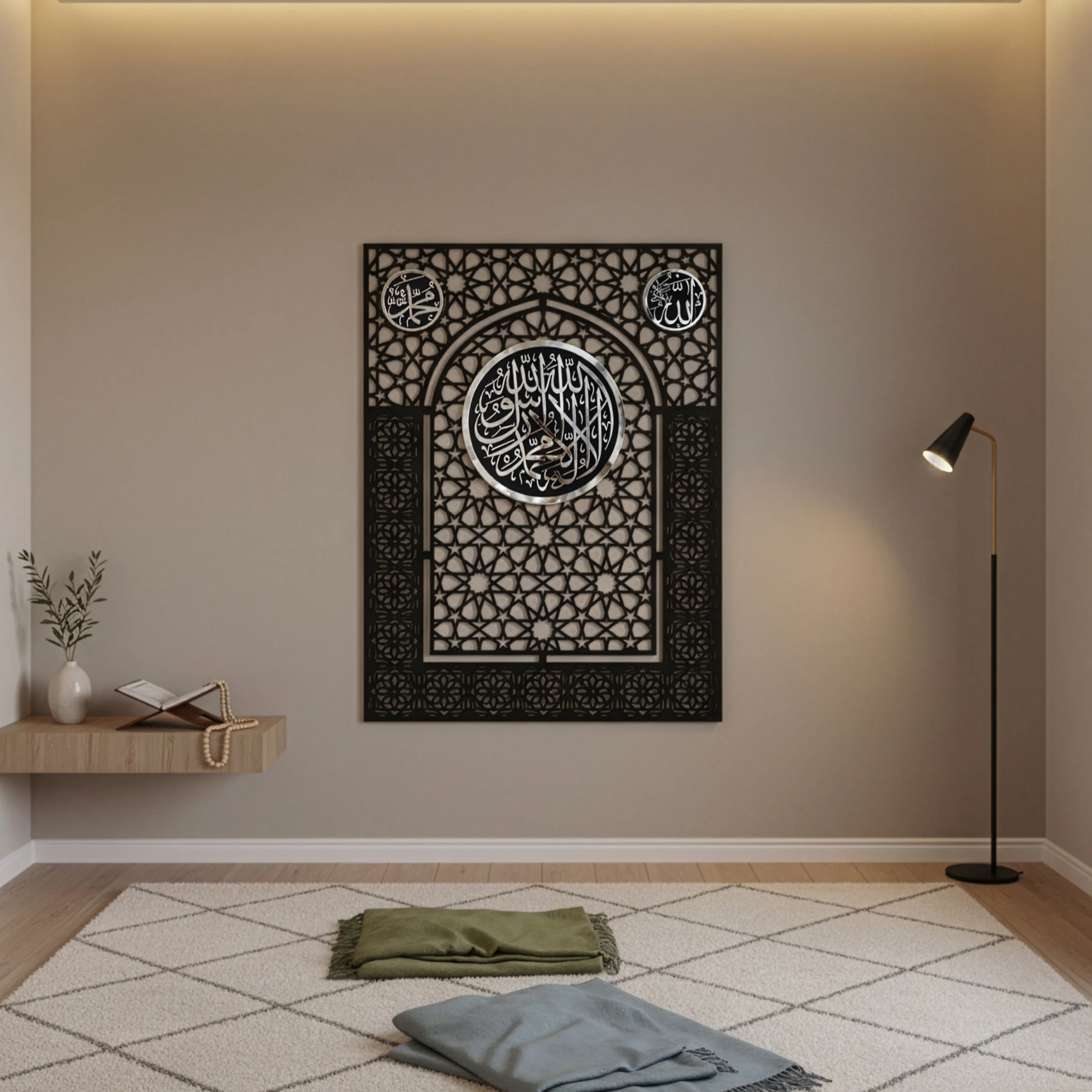 Wooden Kalima Tawheed Mihrab Wall Art for Prayer Spaces - Allah&Muhammad Calligraphy Motif - Image 13