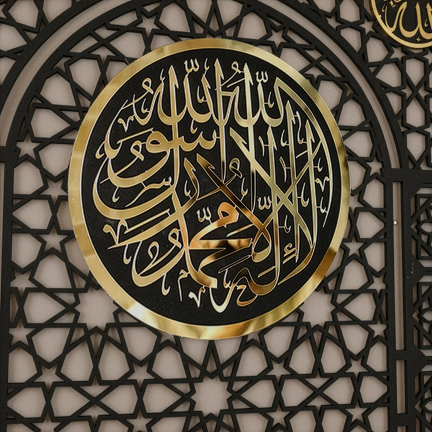 Wooden Kalima Tawheed Mihrab Wall Art for Prayer Spaces - Allah&Muhammad Calligraphy Motif - Image 3