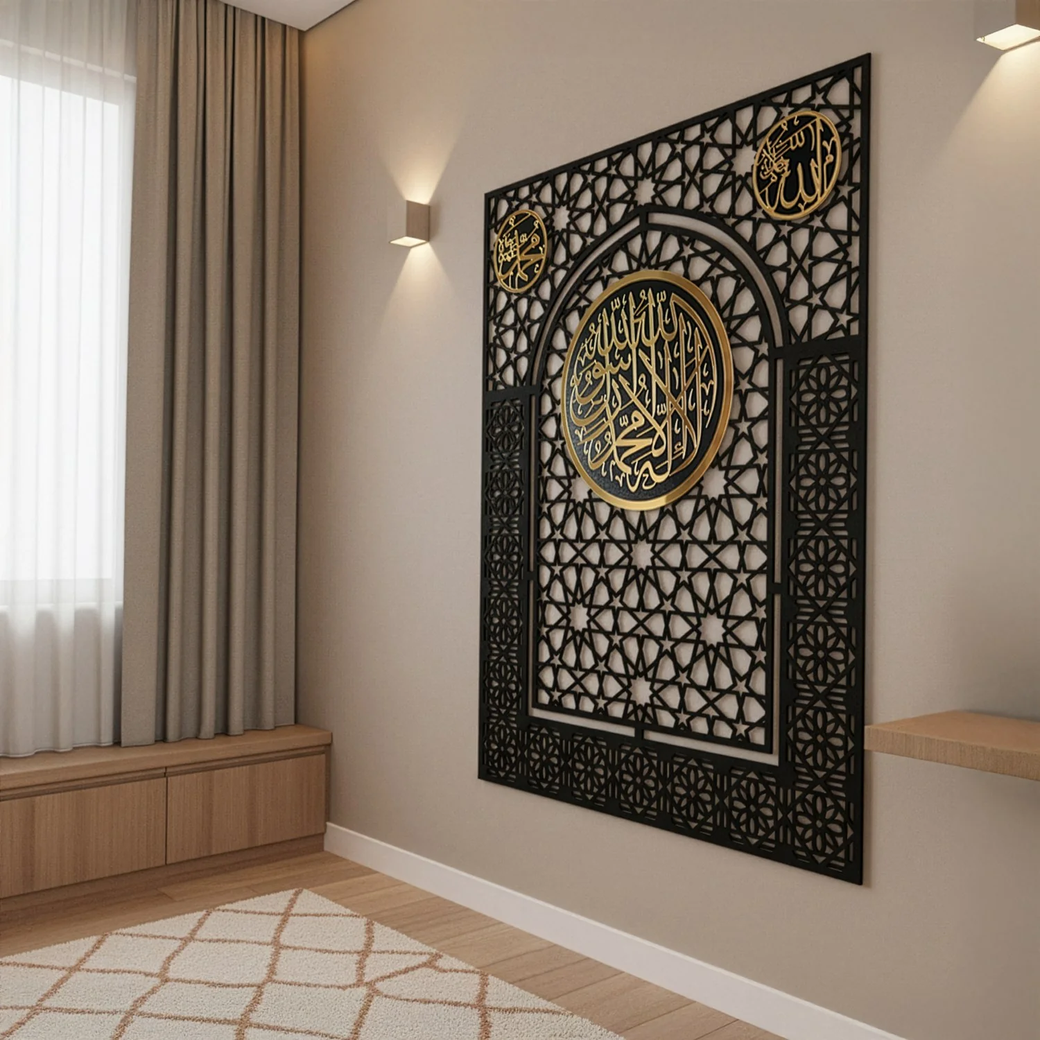 Wooden Kalima Tawheed Mihrab Wall Art for Prayer Spaces - Allah&Muhammad Calligraphy Motif - Image 5