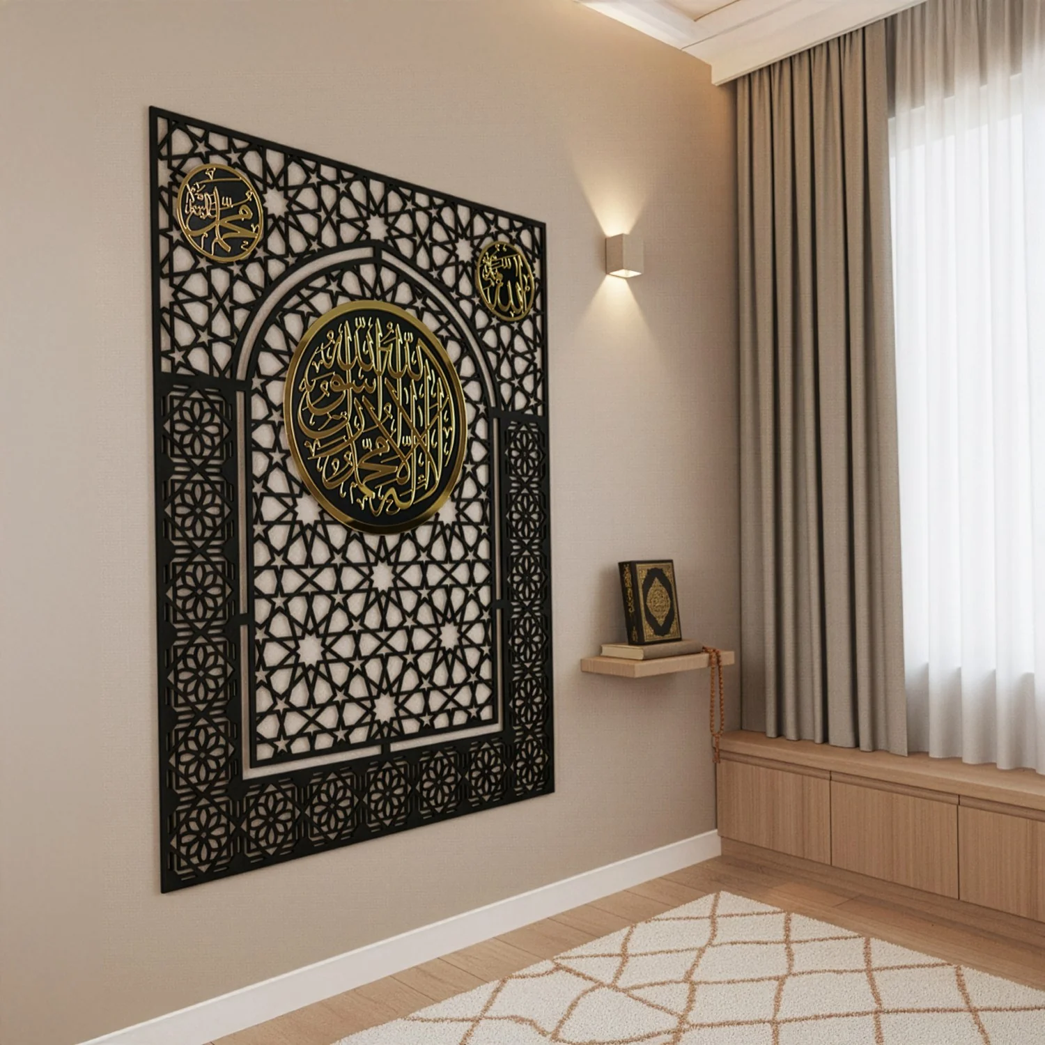 Wooden Kalima Tawheed Mihrab Wall Art for Prayer Spaces - Allah&Muhammad Calligraphy Motif - Image 6