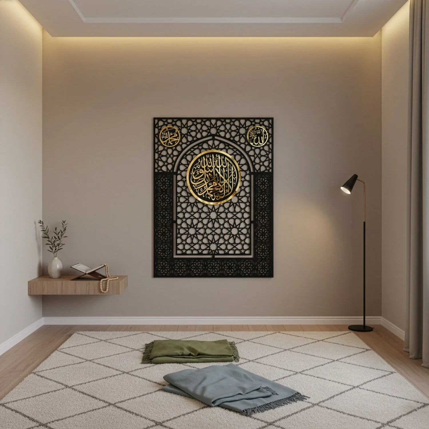 Wooden Kalima Tawheed Mihrab Wall Art for Prayer Spaces - Allah&Muhammad Calligraphy Motif - Image 7