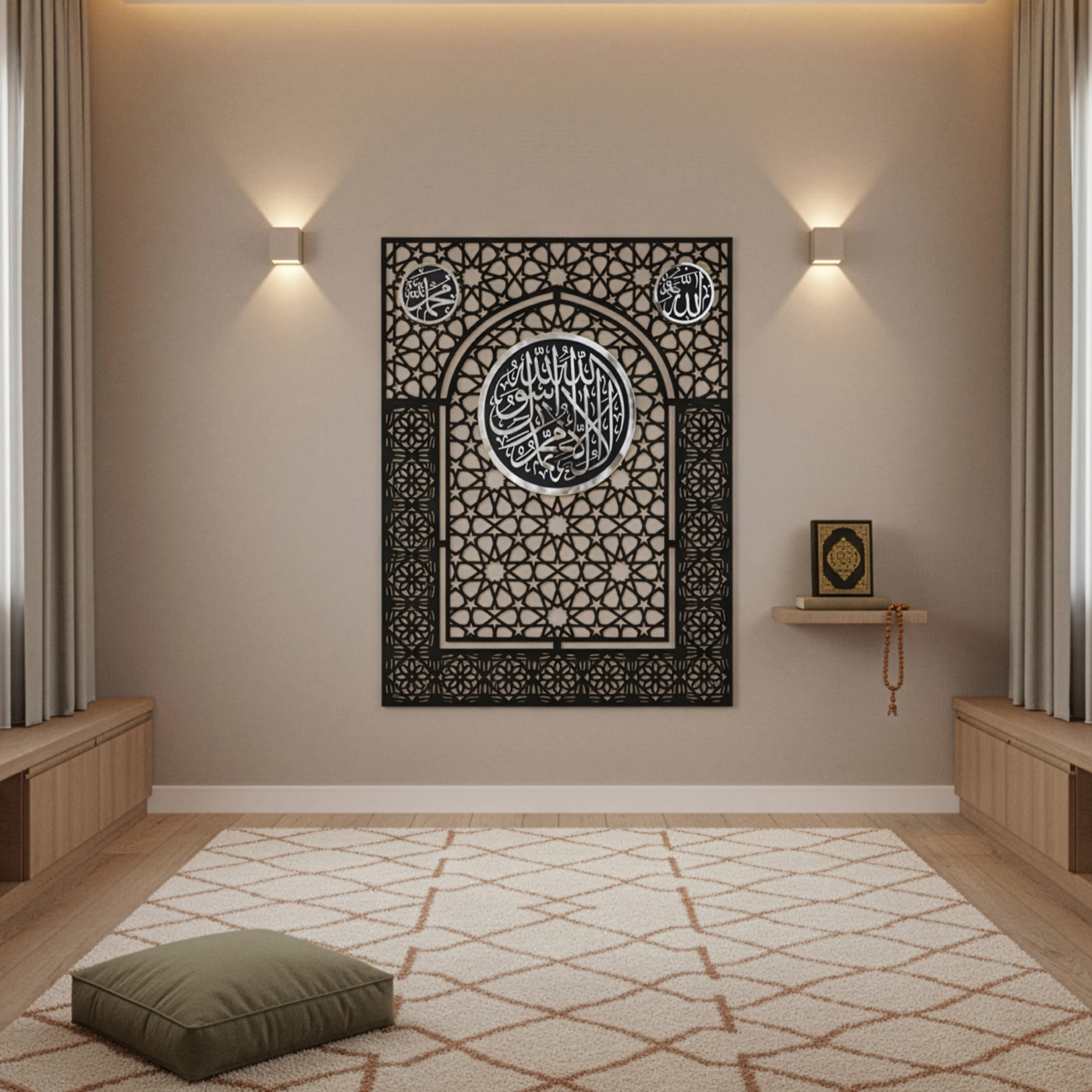 Wooden Kalima Tawheed Mihrab Wall Art for Prayer Spaces - Allah&Muhammad Calligraphy Motif - Image 9