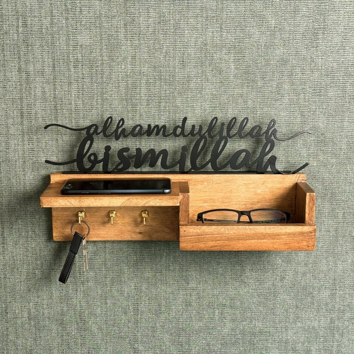 Wooden Key Holder for Wall - Bismillah and Alhamdulillah Design Muslim Home Decor - Image 3