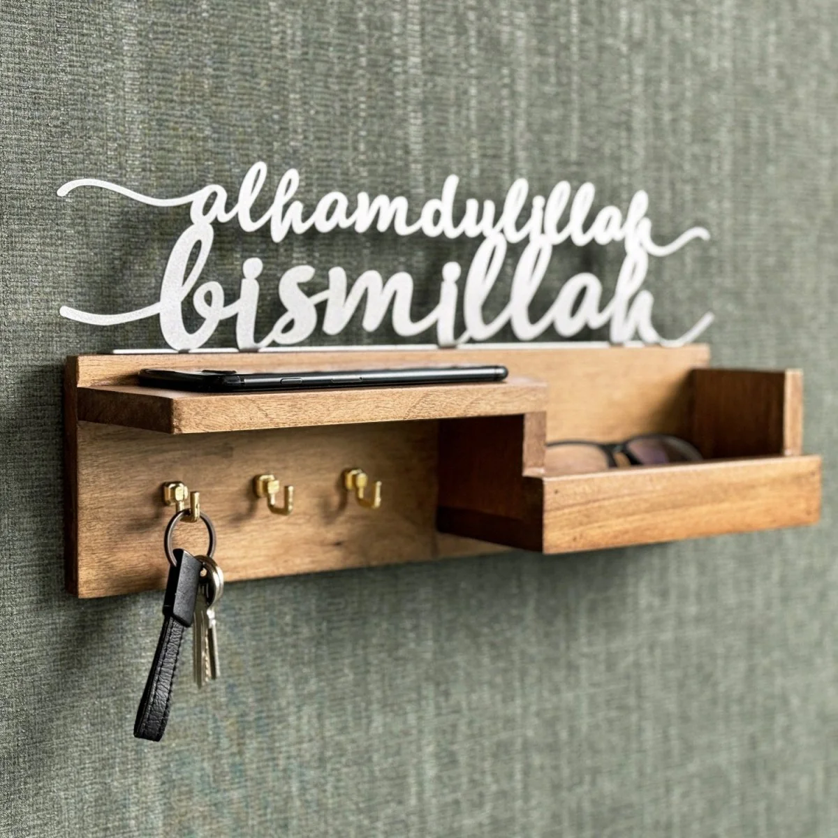 Wooden Key Holder for Wall - Bismillah and Alhamdulillah Design Muslim Home Decor - Image 5
