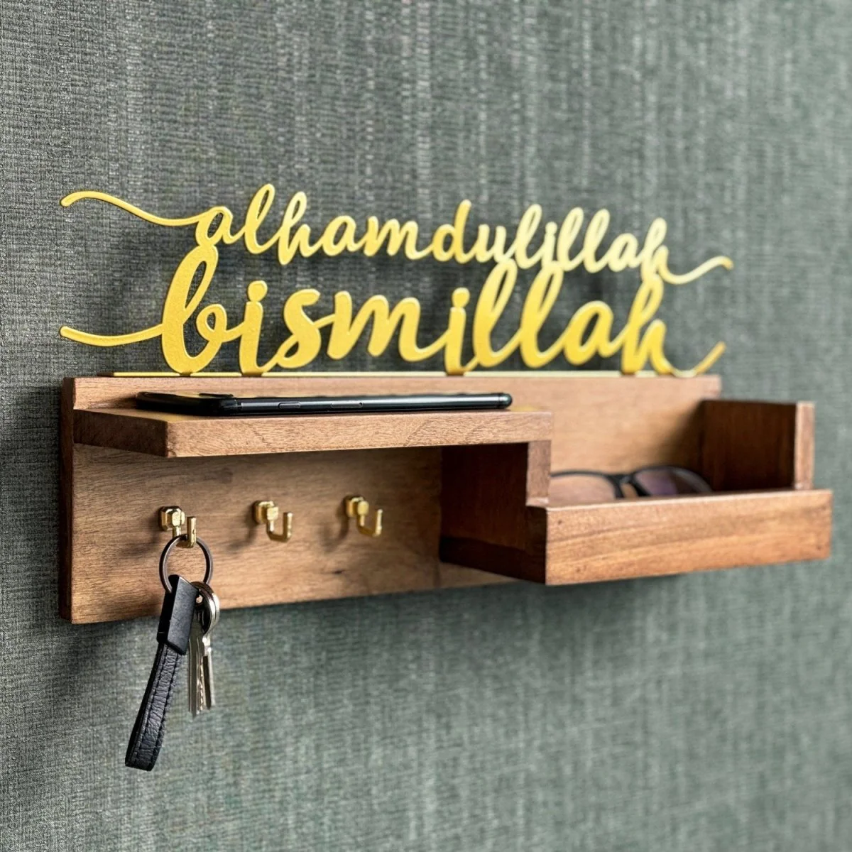 Wooden Key Holder for Wall - Bismillah and Alhamdulillah Design Muslim Home Decor - Image 7
